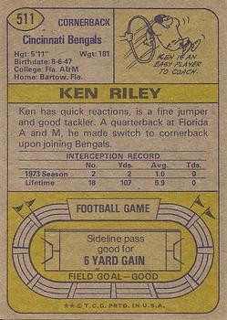 1974 Topps #511 Ken Riley Back