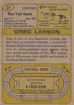 1974 Topps #51 Greg Larson Back