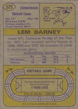 1974 Topps #525 Lem Barney Back