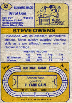 1974 Topps #52 Steve Owens Back