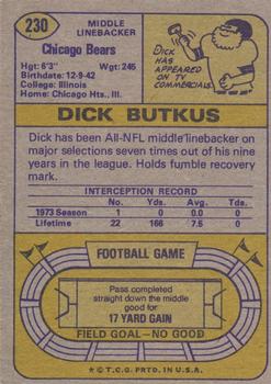 1974 Topps #230 Dick Butkus Back