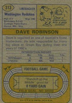 1974 Topps #313 Dave Robinson Back