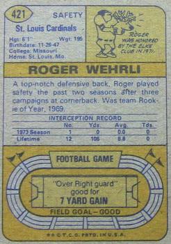 1974 Topps #421 Roger Wehrli Back