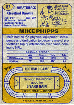 1974 Topps #87 Mike Phipps Back