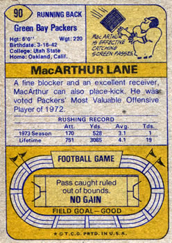 1974 Topps #90 MacArthur Lane Back
