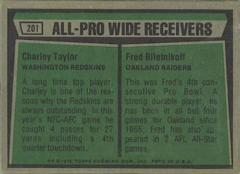 1975 Topps #201 1974 All-Pro Wide Receivers (Charley Taylor / Fred Biletnikoff) Back