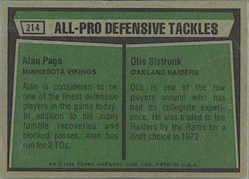 1975 Topps #214 1974 All-Pro Defensive Tackles (Alan Page / Otis Sistrunk) Back