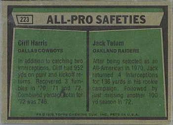 1975 Topps #223 1974 All-Pro Safeties (Cliff Harris / Jack Tatum) Back