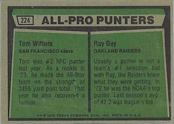 1975 Topps #224 1974 All-Pro Punters (Tom Wittum / Ray Guy) Back