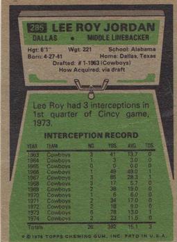 1975 Topps #285 Lee Roy Jordan Back