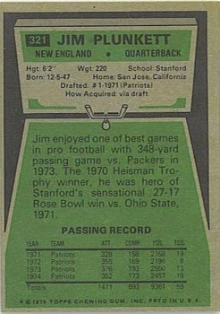 1975 Topps #321 Jim Plunkett Back