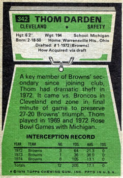 1975 Topps #342 Thom Darden Back