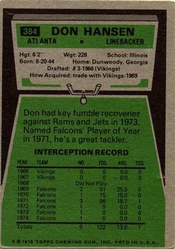 1975 Topps #384 Don Hansen Back