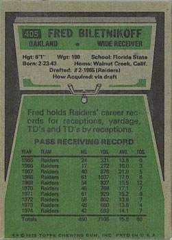 1975 Topps #405 Fred Biletnikoff Back