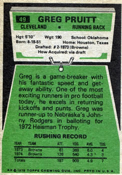 1975 Topps #49 Greg Pruitt Back