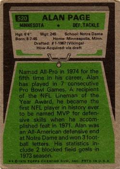 1975 Topps #520 Alan Page Back