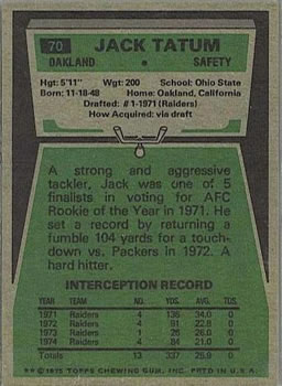1975 Topps #70 Jack Tatum Back