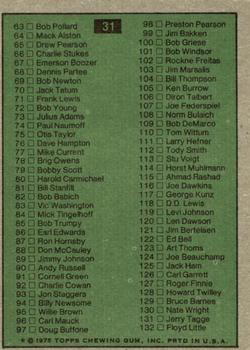 1975 Topps #31 Checklist: 1-132 Back