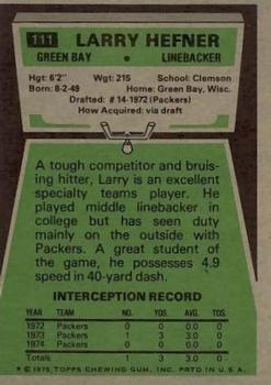 1975 Topps #111 Larry Hefner Back