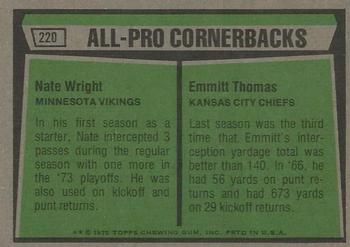 1975 Topps #220 1974 All-Pro Cornerbacks (Nate Wright / Emmitt Thomas) Back