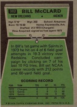 1975 Topps #382 Bill McClard Back
