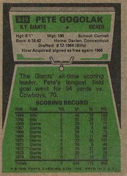 1975 Topps #449 Pete Gogolak Back