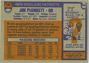 1976 Topps #104 Jim Plunkett Back