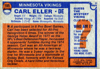 1976 Topps #105 Carl Eller Back