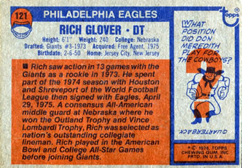1976 Topps #121 Rich Glover Back