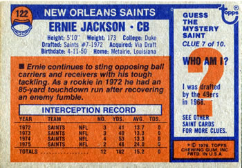 1976 Topps #122 Ernie Jackson Back