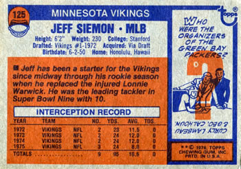 1976 Topps #125 Jeff Siemon Back