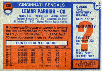 1976 Topps #135 Lemar Parrish Back