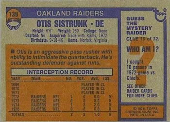 1976 Topps #139 Otis Sistrunk Back