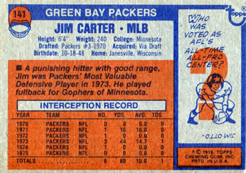 1976 Topps #141 Jim Carter Back