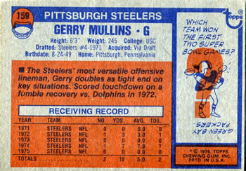 1976 Topps #159 Gerry Mullins Back