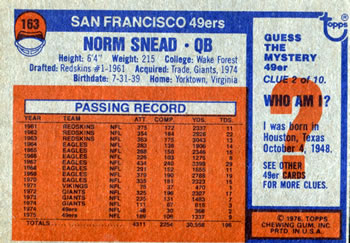 1976 Topps #163 Norm Snead Back