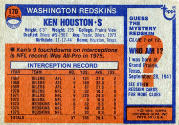 1976 Topps #170 Ken Houston Back