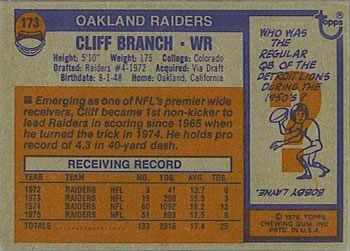 1976 Topps #173 Cliff Branch Back