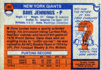 1976 Topps #183 Dave Jennings Back