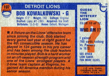 1976 Topps #197 Bob Kowalkowski Back