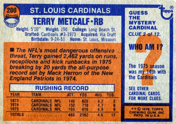 1976 Topps #200 Terry Metcalf Back