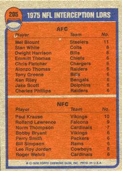 1976 Topps #205 1975 Interception Leaders (Mel Blount / Paul Krause) Back