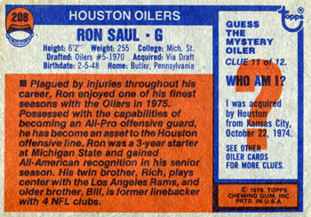 1976 Topps #208 Ron Saul Back