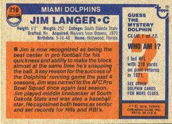 1976 Topps #210 Jim Langer Back