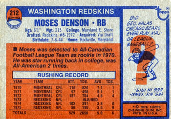 1976 Topps #212 Moses Denson Back