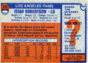 1976 Topps #226 Isiah Robertson Back