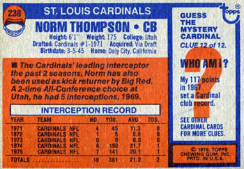 1976 Topps #238 Norm Thompson Back