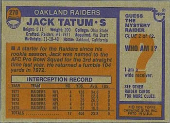 1976 Topps #270 Jack Tatum Back