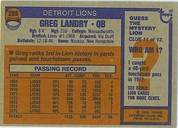 1976 Topps #286 Greg Landry Back