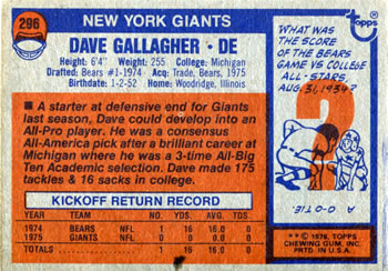 1976 Topps #296 Dave Gallagher Back